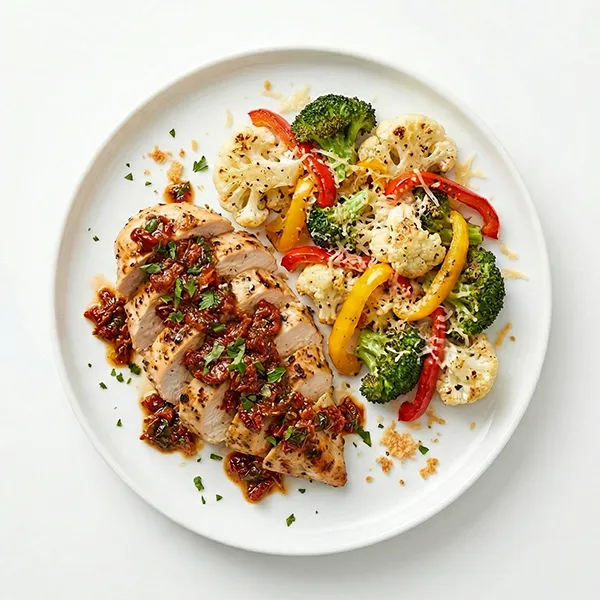 Sun-Dried Tomato Chicken with Parmesan keto veggies